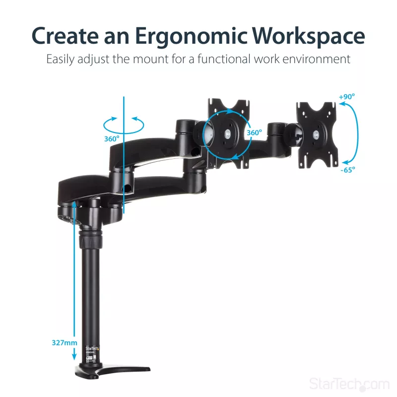 StarTech.com ARMDUAL soporte articulado para dos monitores, montaje en escritorio/pasacables, altura regulable, gestión de cables, 12-24 pulgadas, VESA 75x75/100x100, negro
