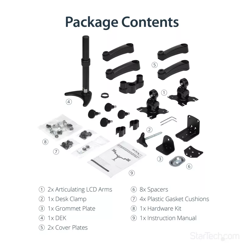 StarTech.com ARMDUAL soporte articulado para dos monitores, montaje en escritorio/pasacables, altura regulable, gestión de cables, 12-24 pulgadas, VESA 75x75/100x100, negro