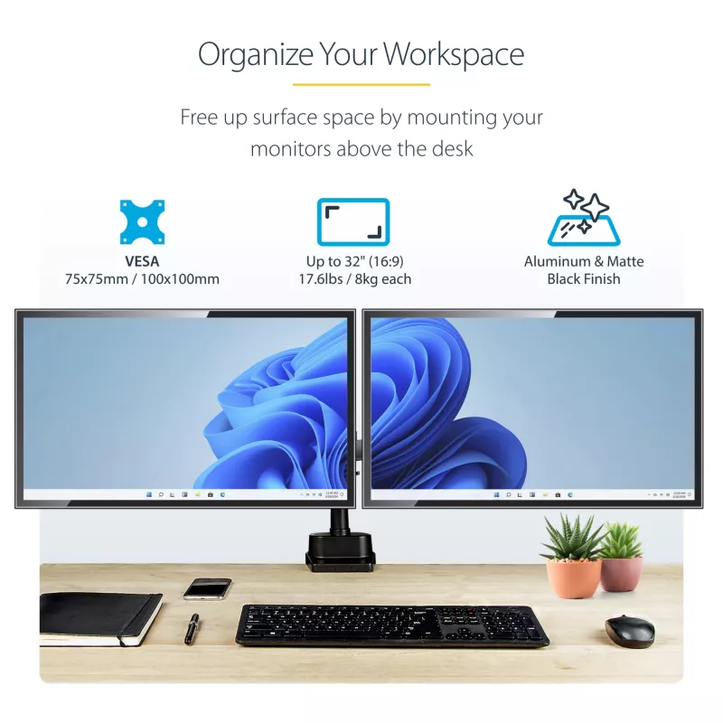 StarTech.com ARMDUALPIVOT soporte de escritorio para dos monitores, movimiento completo, para 2 monitores VESA de hasta 32 pulgadas (8 kg), brazos apilables verticalmente, altura regulable/giratorio, abrazadera/pasacables, negro