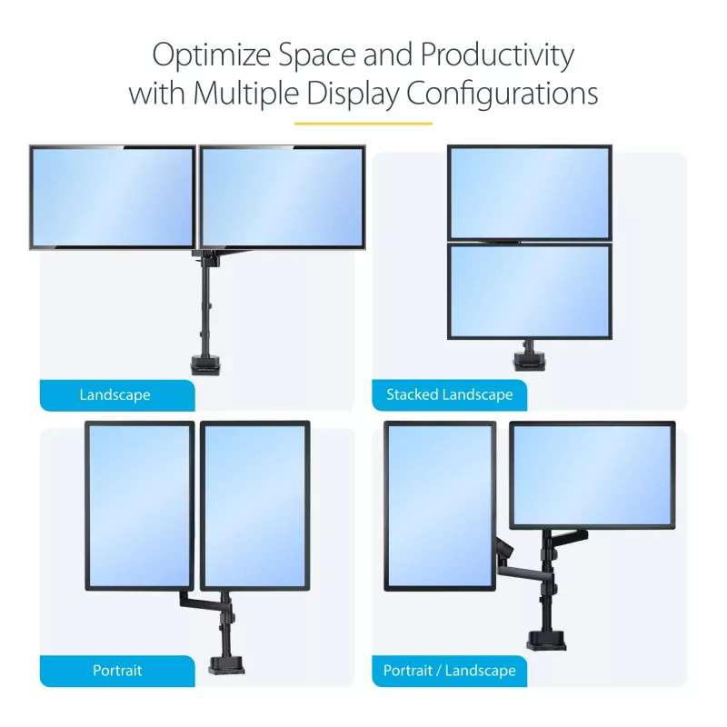 StarTech.com ARMDUALPIVOT soporte de escritorio para dos monitores, movimiento completo, para 2 monitores VESA de hasta 32 pulgadas (8 kg), brazos apilables verticalmente, altura regulable/giratorio, abrazadera/pasacables, negro
