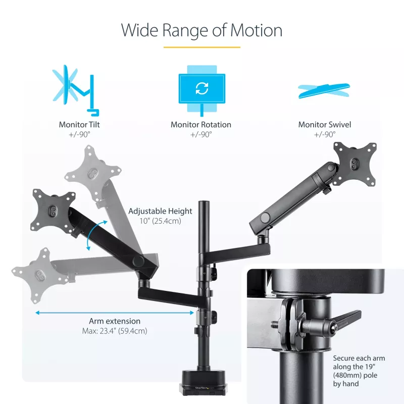 StarTech.com ARMDUALPIVOT soporte de escritorio para dos monitores, movimiento completo, para 2 monitores VESA de hasta 32 pulgadas (8 kg), brazos apilables verticalmente, altura regulable/giratorio, abrazadera/pasacables, negro