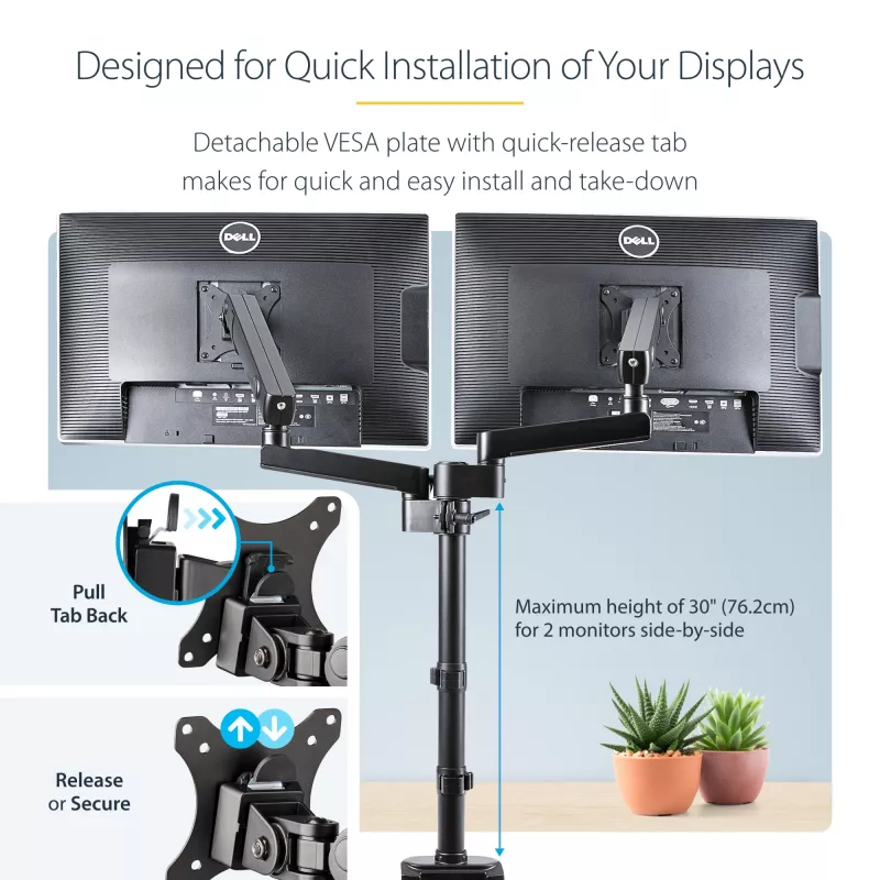 StarTech.com ARMDUALPIVOT soporte de escritorio para dos monitores, movimiento completo, para 2 monitores VESA de hasta 32 pulgadas (8 kg), brazos apilables verticalmente, altura regulable/giratorio, abrazadera/pasacables, negro