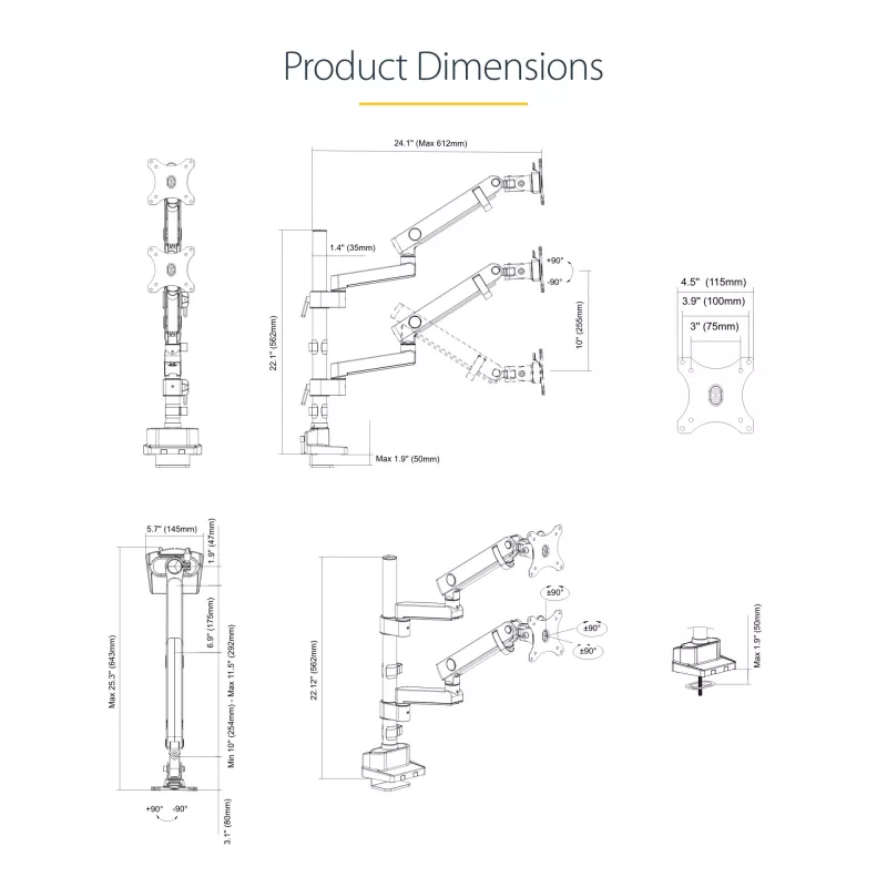 StarTech.com ARMDUALPIVOT soporte de escritorio para dos monitores, movimiento completo, para 2 monitores VESA de hasta 32 pulgadas (8 kg), brazos apilables verticalmente, altura regulable/giratorio, abrazadera/pasacables, negro