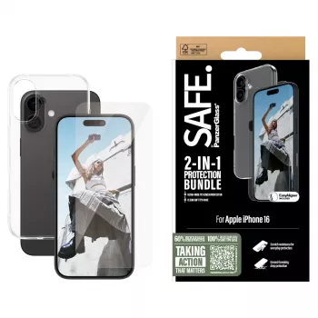 PanzerGlass SAFE. by ® pack de protección 2 en 1 iPhone 16, Apple, Apple - iPhone 16, aplicación en seco, resistente a arañazos, resistente a golpes, transparente, 1 ud.
