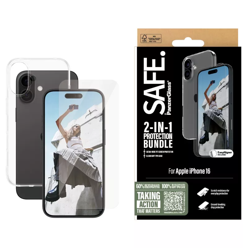 PanzerGlass SAFE. by ® pack de protección 2 en 1 iPhone 16, Apple, Apple - iPhone 16, aplicación en seco, resistente a arañazos, resistente a golpes, transparente, 1 ud.