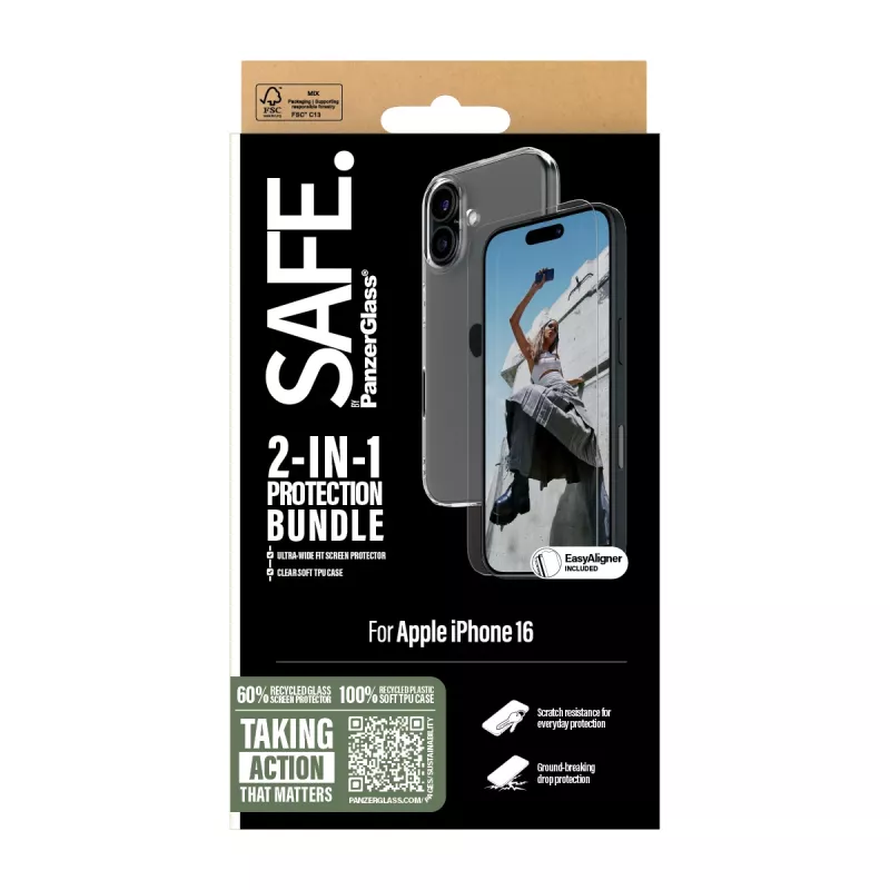PanzerGlass SAFE. by ® pack de protección 2 en 1 iPhone 16, Apple, Apple - iPhone 16, aplicación en seco, resistente a arañazos, resistente a golpes, transparente, 1 ud.