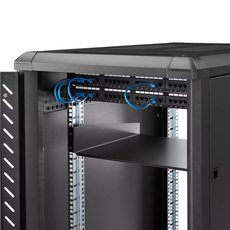 StarTech.com bandeja de rack para servidor 2HE – bandeja universal de montaje en rack para rack y armario de equipos de red de 19 pulgadas – acero de alta resistencia – capacidad de carga 20 kg – bandeja de 400 mm de profundidad, negro