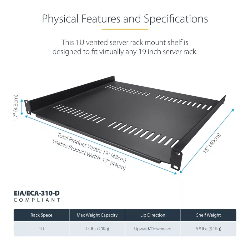 StarTech.com CABSHELF116V2PK pack de 2 bandejas rack 1U ventiladas, 16 pulgadas de profundidad