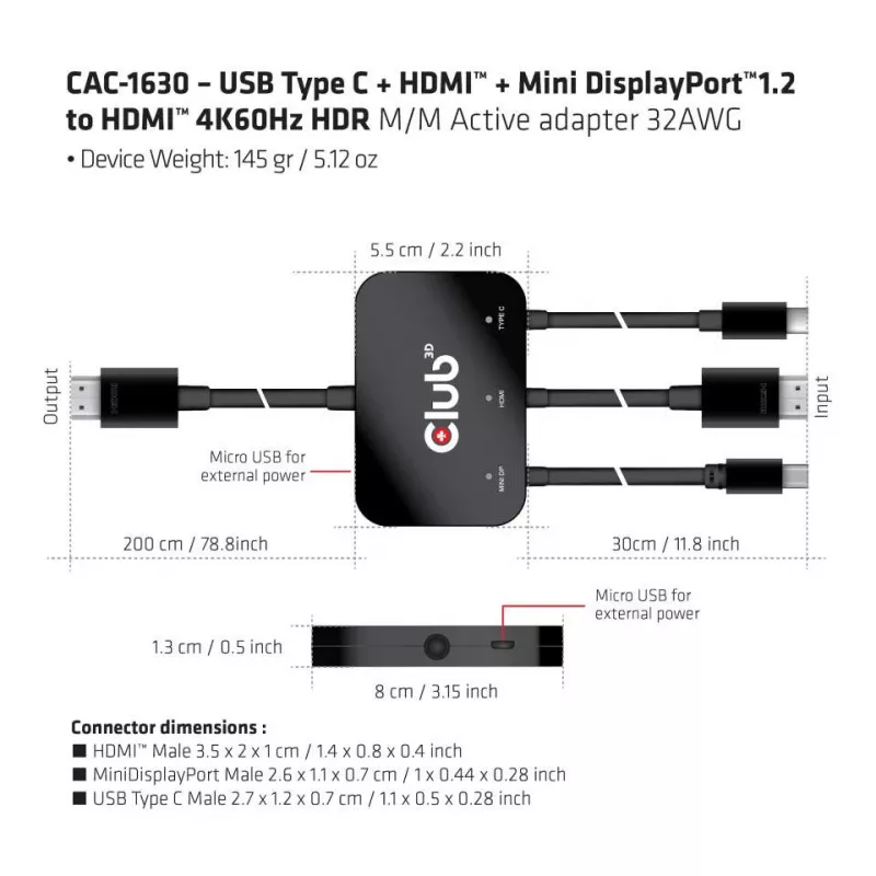 CLUB3D USB Type-C + HDMI™ + MiniDisplayPort™ 1.2 a HDMI™ 4K60Hz HDR M/M adaptador activo 32AWG