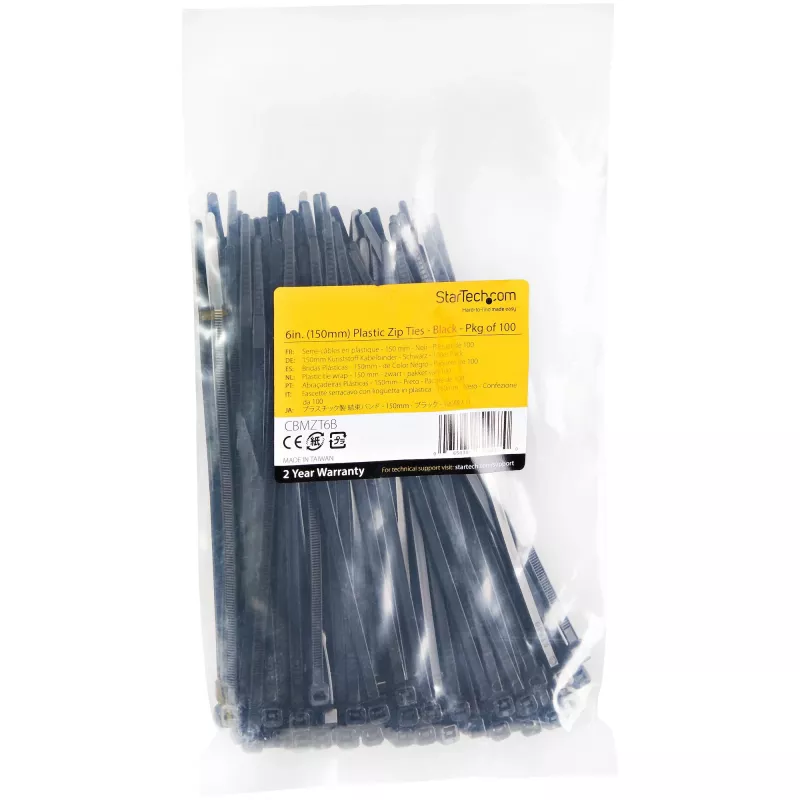 StarTech.com CBMZT6B bridas para cables, pack de 100, 15 cm (6 pulgadas), 3 mm (1/8 de pulgada) de ancho, diámetro de haz de 39 mm, resistencia a la tracción de 18 kg (40 lb), autoblocantes de nailon 66 con punta curva, 94V-2/UL, negras, TAA