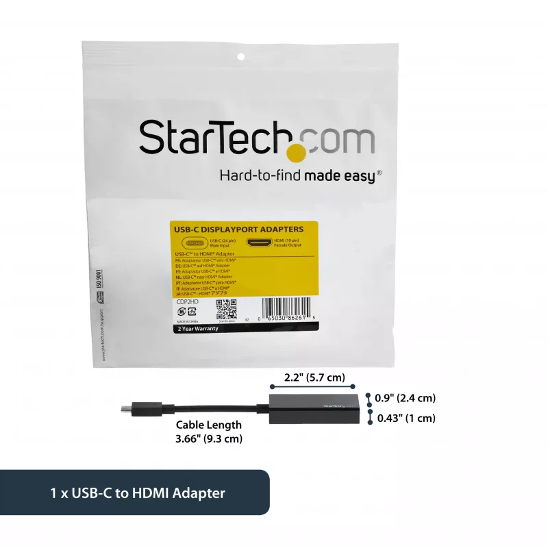 Adaptador StarTech.com USB-C a HDMI con 4K 30Hz - negro, 3.2 Gen 2 (3.1 Gen 2), USB Type-C, salida HDMI, 3840 x 2160 píxeles