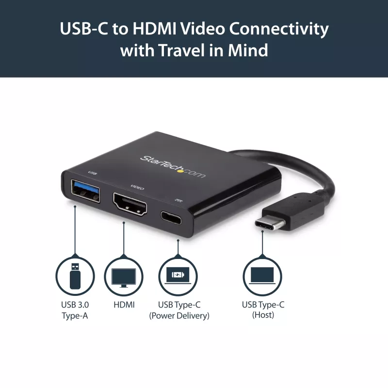 Adaptador multipuerto StarTech.com USB-C con HDMI – puerto USB 3.0 – 60W PD – negro