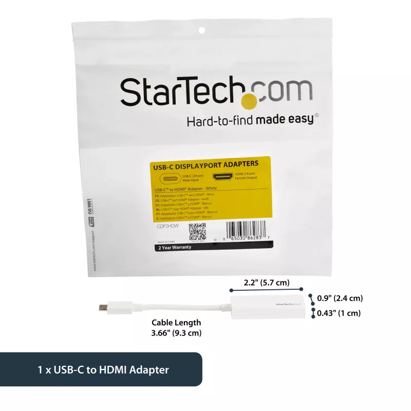 Adaptador StarTech.com USB-C a HDMI con 4K 30Hz - blanco, USB Type-C, salida HDMI, 3840 x 2160 píxeles