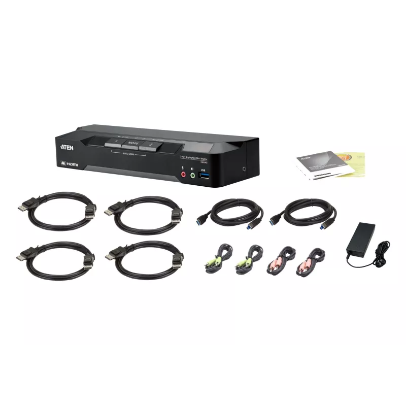 ATEN conmutador KVM Mini-Matrix Boundless de 2 puertos 4K DisplayPort con doble pantalla