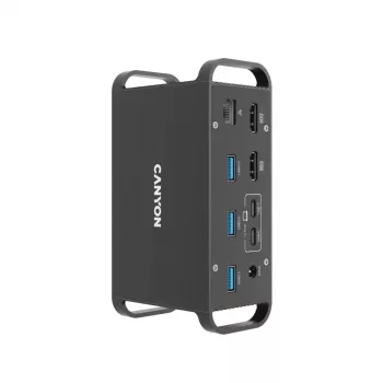 Docking station CANYON CNS-HDS95ST — Docking station USB-C (USB 3.2 Gen 2) con 2× HDMI, 2× USB 3.2 Gen 1, 2× USB 2.0, Gigabit Ethernet, 100 W, aluminio, negra