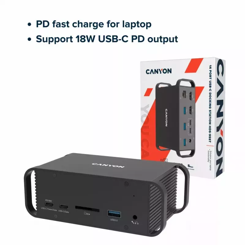 Canyon DS-95 CNS-HDS95ST base de conexión USB-C 14 en 1 con adaptador de CA de 100 W, gris