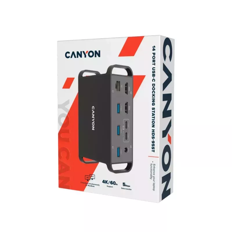 Canyon DS-95 CNS-HDS95ST base de conexión USB-C 14 en 1 con adaptador de CA de 100 W, gris
