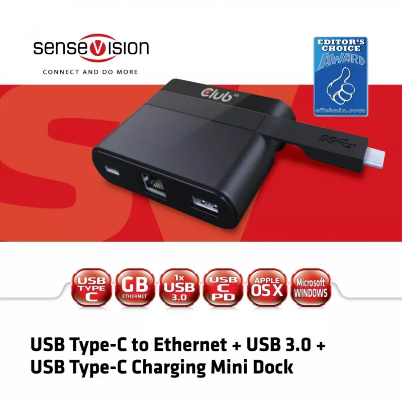 CLUB3D Mini dock USB Type-C a Ethernet + USB 3.0 + carga USB Type-C