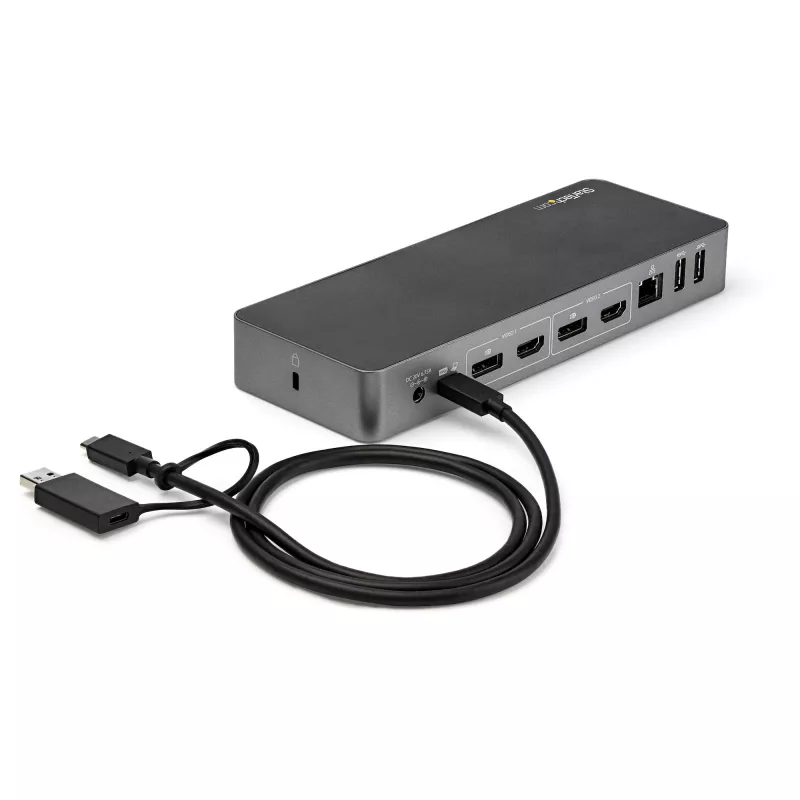 Estación de acoplamiento universal para portátil StarTech.com, dock híbrido USB-C y USB-A, dual 4K DP y HDMI, 60W PD, Mac / Windows / Chrome OS, hub 4x USB 5Gbps, GbE