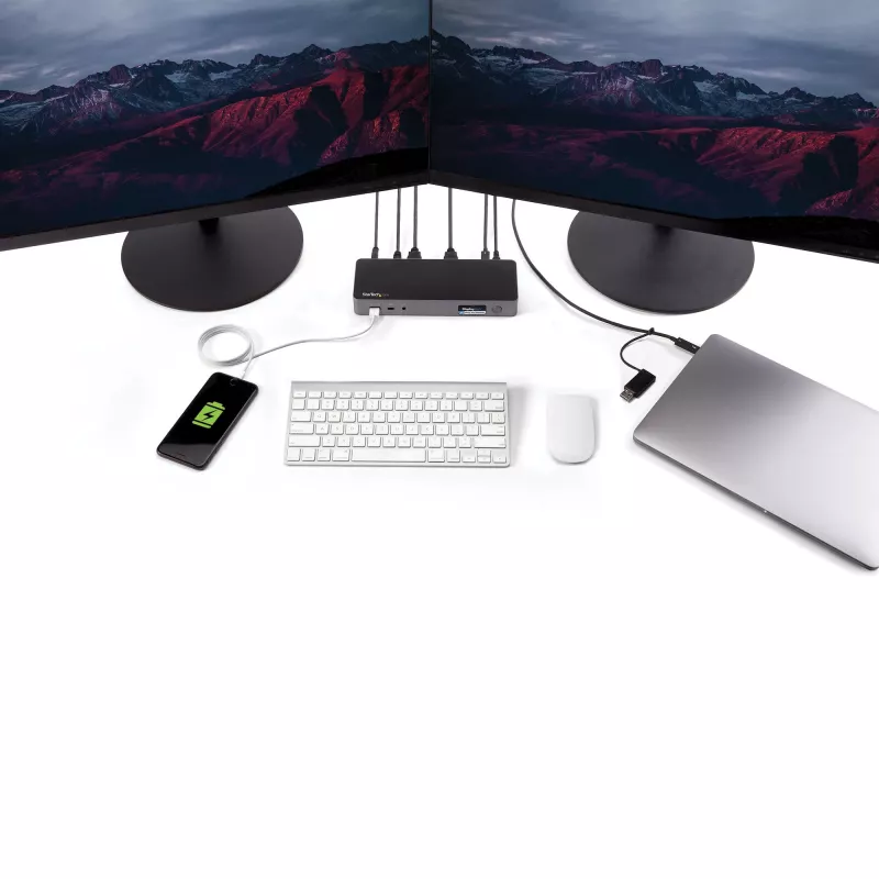 Estación de acoplamiento universal para portátil StarTech.com, dock híbrido USB-C y USB-A, dual 4K DP y HDMI, 60W PD, Mac / Windows / Chrome OS, hub 4x USB 5Gbps, GbE