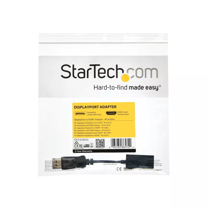 StarTech.com DP2HD4K60S adaptador de DisplayPort a HDMI, 4K 60Hz, 0,215 m, macho/hembra