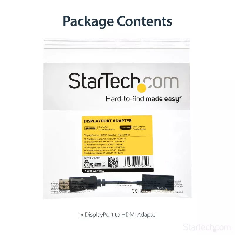 StarTech.com DP2HD4K60S adaptador de DisplayPort a HDMI, 4K 60Hz, 0,215 m, macho/hembra