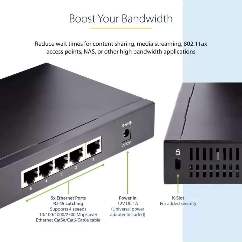 StarTech.com Switch 2.5G no gestionado – Switch Gigabit de 5 puertos – Switch Ethernet 2.5GBASE-T no gestionado – Splitter Ethernet – Montaje en carril DIN o pared – Multi-Gigabit – Auto-MDIX – 9K Jumbo