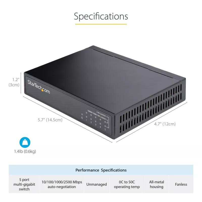StarTech.com Switch 2.5G no gestionado – Switch Gigabit de 5 puertos – Switch Ethernet 2.5GBASE-T no gestionado – Splitter Ethernet – Montaje en carril DIN o pared – Multi-Gigabit – Auto-MDIX – 9K Jumbo