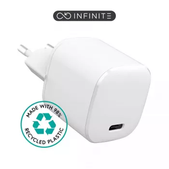 eSTUFF 100% plástico reciclado - Cargador doméstico USB-C PD 3A 20W, enchufe EU - Blanco