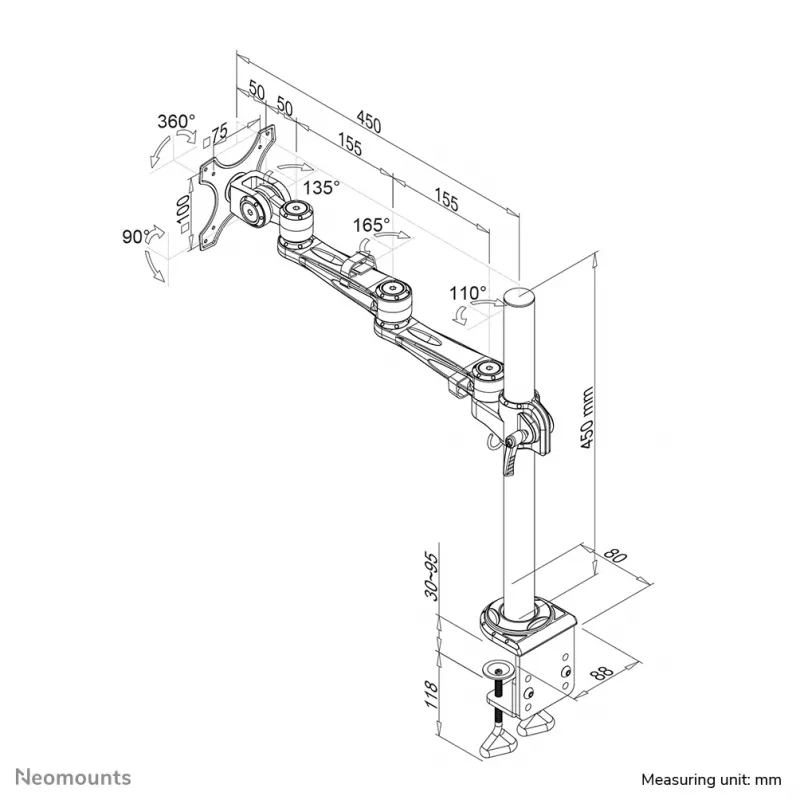 Neomounts FPMA-D935 Brazo de monitor 10-30 pulgadas, pinza de mesa, 10 kg, 25,4 cm (10 pulgadas), 76,2 cm (30 pulgadas), 100 x 100 mm, plata