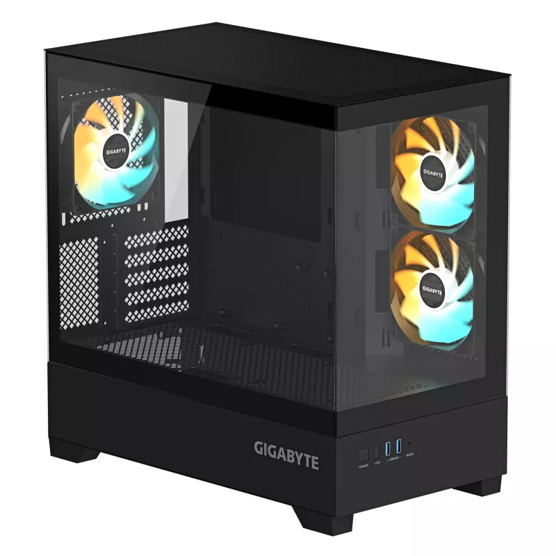 Caja de PC GIGABYTE C201 PANORAMIC – Mid Tower, m-ATX, soporte para radiador de 360 mm, 3 ventiladores preinstalados, USB 3.0, soporte para RGB Fusion