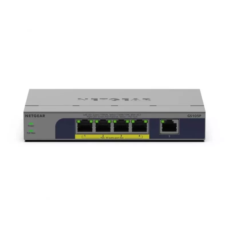 Switch PoE no gestionado 5 puertos Netgear GS105P 1Gb Ethernet con Power over Ethernet (GS105P-300EUS)