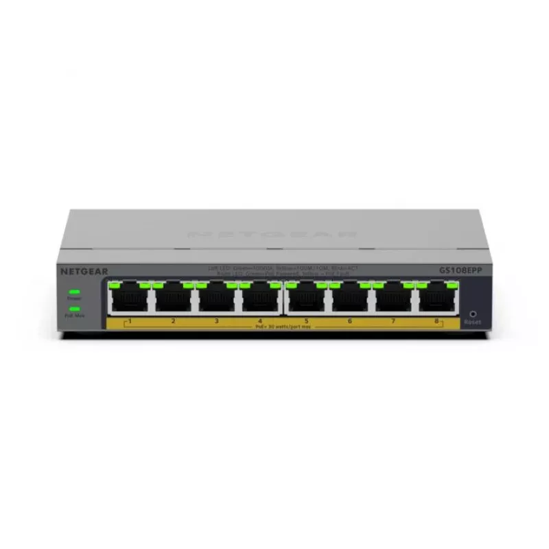 NETGEAR GS108EPP no gestionado Gigabit Ethernet (10/100/1000) Power over Ethernet (PoE) sobremesa/montaje en pared gris