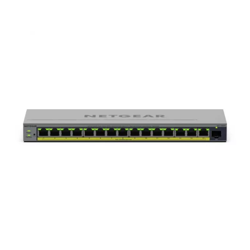 Switch PoE gestionado L2/L3 Gigabit Ethernet Netgear GS116EPP — 16x RJ‑45 10/100/1000, 1x SFP, 8000 entradas MAC, gris