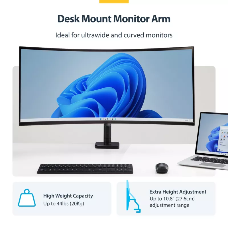 StarTech.com H1M1AG1-MONITOR-ARM soporte de escritorio para monitores ultrapanorámicos curvos de 49 pulgadas, brazo mecánico de resorte, brazo giratorio, VESA, pinza en C / montaje en orificio, máx. 44 lb