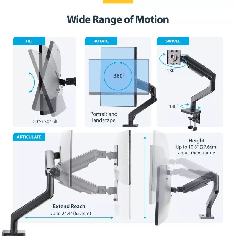 StarTech.com H1M1AG1-MONITOR-ARM soporte de escritorio para monitores ultrapanorámicos curvos de 49 pulgadas, brazo mecánico de resorte, brazo giratorio, VESA, pinza en C / montaje en orificio, máx. 44 lb