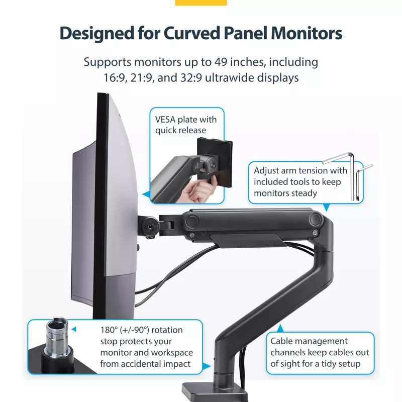 StarTech.com H1M1AG1-MONITOR-ARM soporte de escritorio para monitores ultrapanorámicos curvos de 49 pulgadas, brazo mecánico de resorte, brazo giratorio, VESA, pinza en C / montaje en orificio, máx. 44 lb