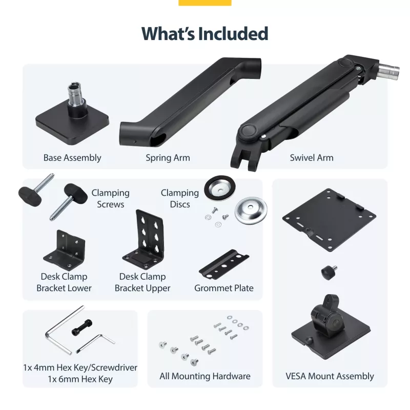 StarTech.com H1M1AG1-MONITOR-ARM soporte de escritorio para monitores ultrapanorámicos curvos de 49 pulgadas, brazo mecánico de resorte, brazo giratorio, VESA, pinza en C / montaje en orificio, máx. 44 lb