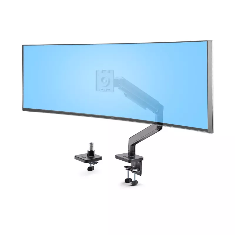 StarTech.com H1M1AG1-MONITOR-ARM soporte de escritorio para monitores ultrapanorámicos curvos de 49 pulgadas, brazo mecánico de resorte, brazo giratorio, VESA, pinza en C / montaje en orificio, máx. 44 lb