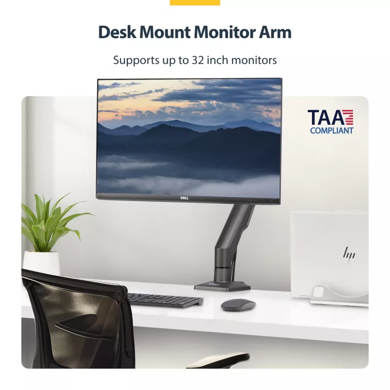 StarTech.com H1M1AG2-MONITOR-ARM soporte de escritorio para monitor, para pantallas de hasta 32 pulgadas, brazo articulado, pinza en C, compatible con TAA, plástico/acero, negro