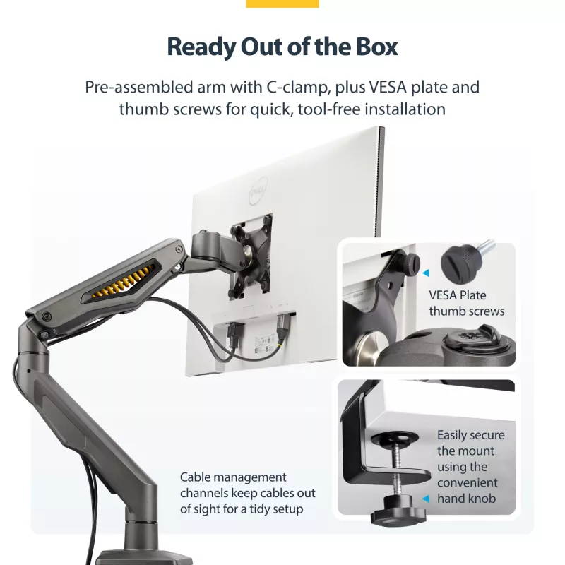 StarTech.com H1M1AG2-MONITOR-ARM soporte de escritorio para monitor, para pantallas de hasta 32 pulgadas, brazo articulado, pinza en C, compatible con TAA, plástico/acero, negro