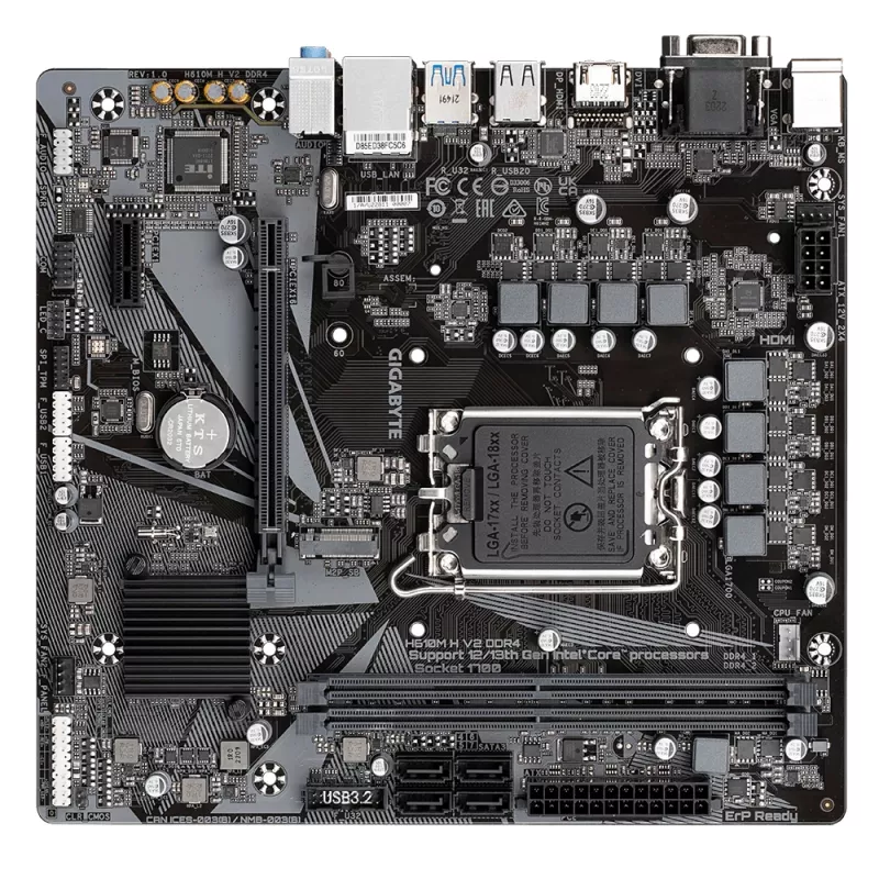 Placa base GIGABYTE H610M H V2 DDR4 - Compatible con Intel Core de 14.ª generación, VRM digital híbrido 6+1+1, hasta 3200 MHz DDR4 (OC), 1x PCIe 3.0 M.2, GbE LAN, USB 3.2 Gen 1
