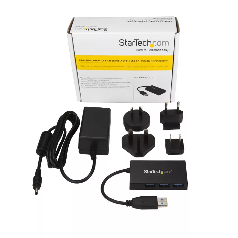 StarTech.com HB30A3A1CSFS concentrador USB 3.0 de sobremesa de 4 puertos, USB-A a 3x USB-A + 1x USB-C, con adaptador de corriente