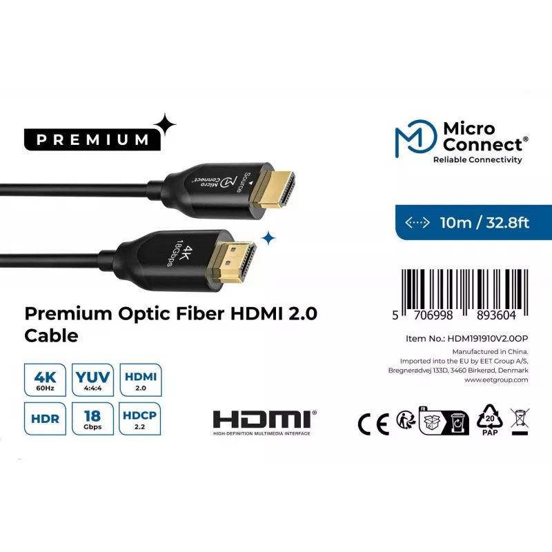 Microconnect HDM191910V2.0OP cable HDMI 2.0 óptico activo Premium High Speed 10 m, 4K, HDMI Tipo A, negro