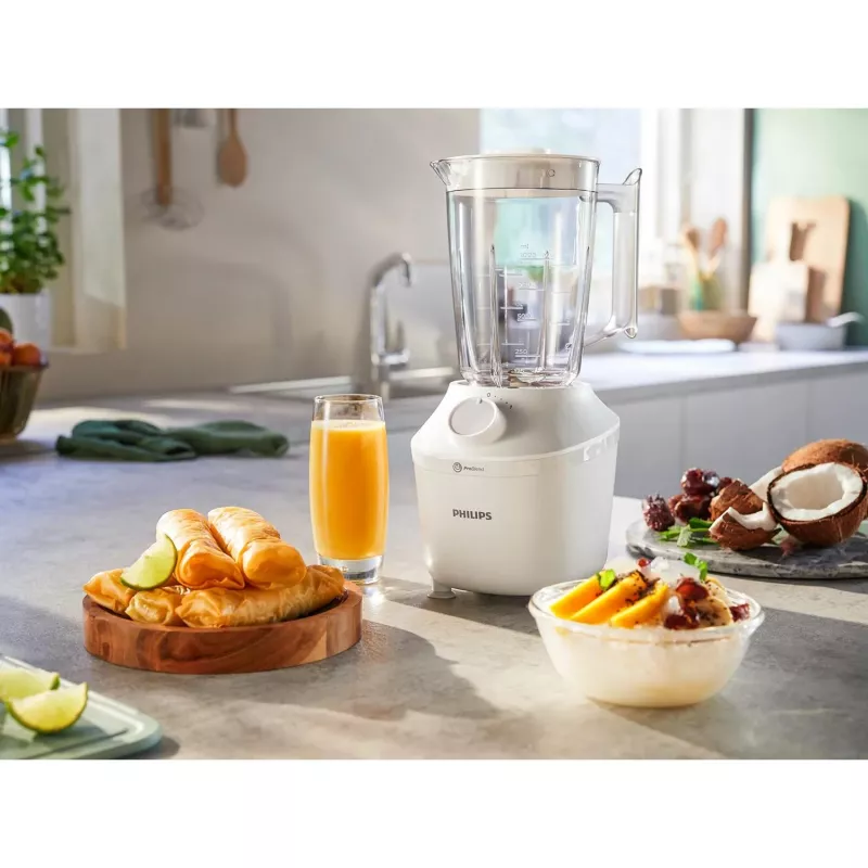Batidora de vaso Philips HR2041/00 — 450 W, recipiente de plástico de 1,9 L, cuchillas de acero inoxidable, blanca