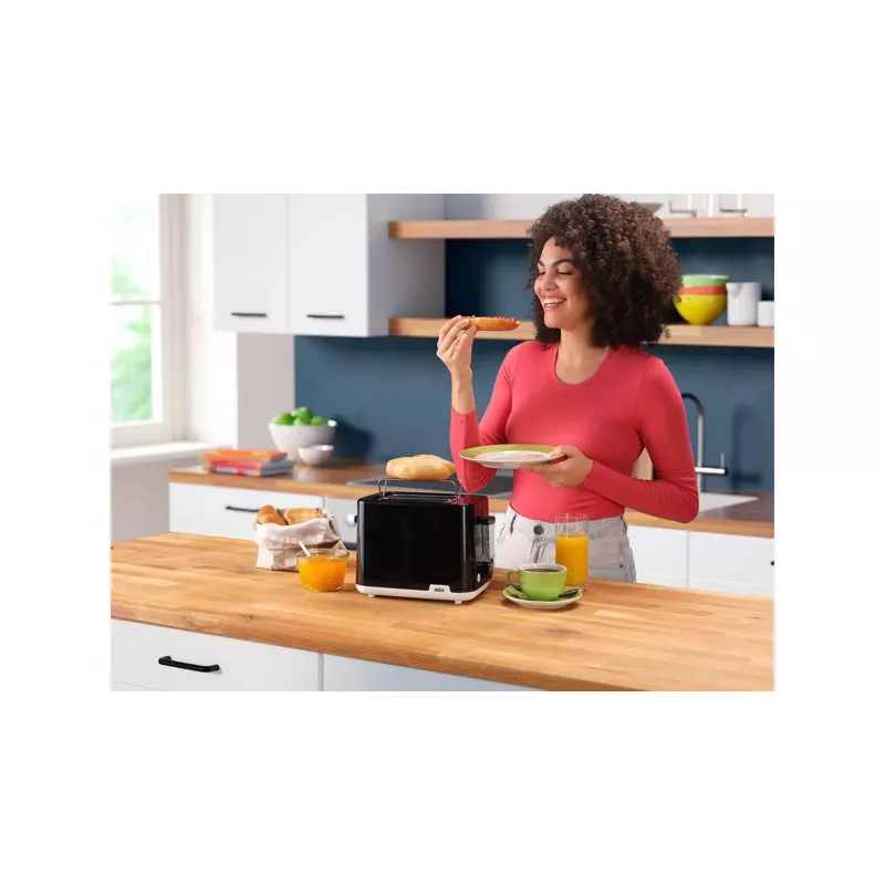 Tostadora BRAUN HT1010BK — 2 rebanadas, 900 W, negra, carcasa de plástico, ranura 132×35×119 mm
