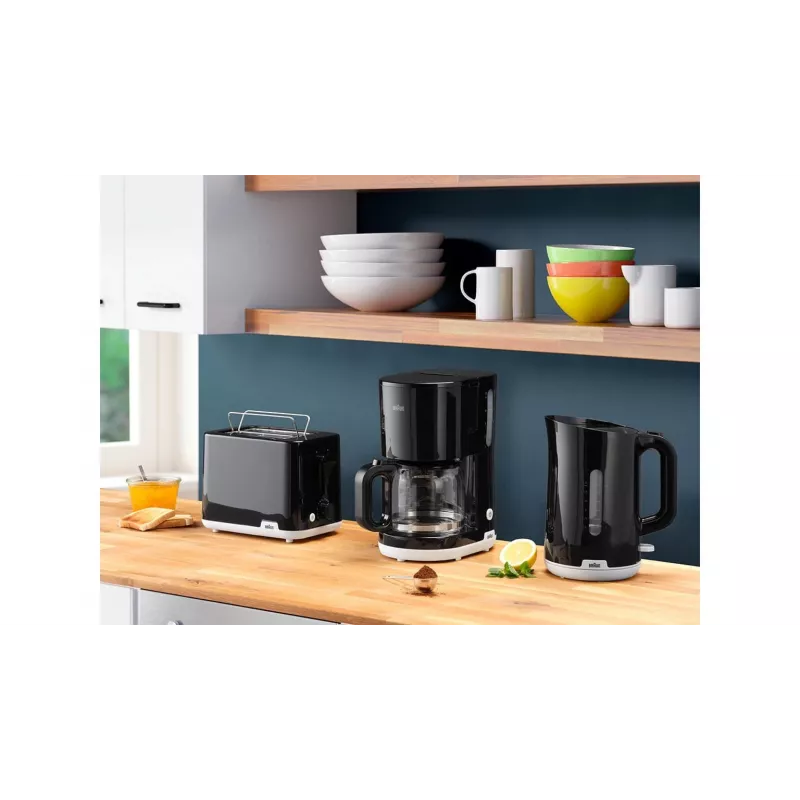 Tostadora BRAUN HT1010BK — 2 rebanadas, 900 W, negra, carcasa de plástico, ranura 132×35×119 mm
