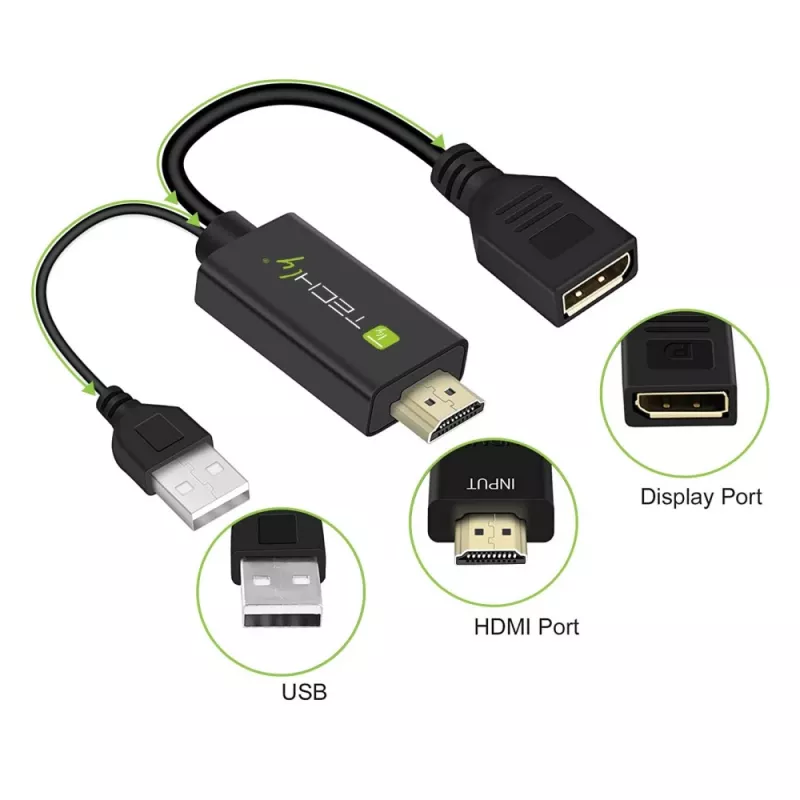 Techly ICOC-HDMI-DP12A adaptador de HDMI a DisplayPort con alimentación USB, 4K 30 Hz