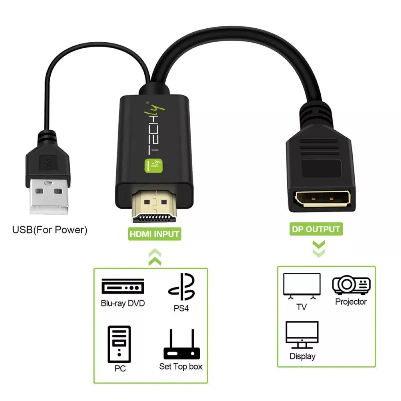 Techly ICOC-HDMI-DP12A adaptador de HDMI a DisplayPort con alimentación USB, 4K 30 Hz