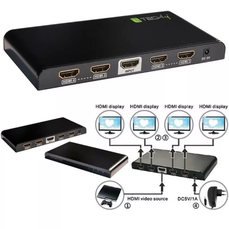 Splitter Techly HDMI 2.0 4K UHD 3D 4 vías